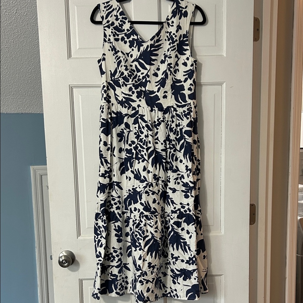 Magaschoni Navy and White Leaf Print Midi Dress